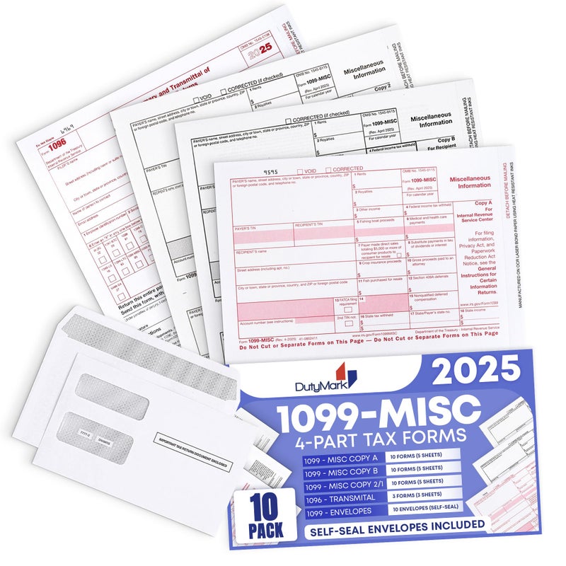Dutymark DuryMark 1099 Misc Tax Forms 2025 with Envelopes, 10 Vendor Kit for 4 Part Tax Form, Compatible with QuickBooks and Accountings Software, Self Seal Envelopes, Made in USA - Image 5